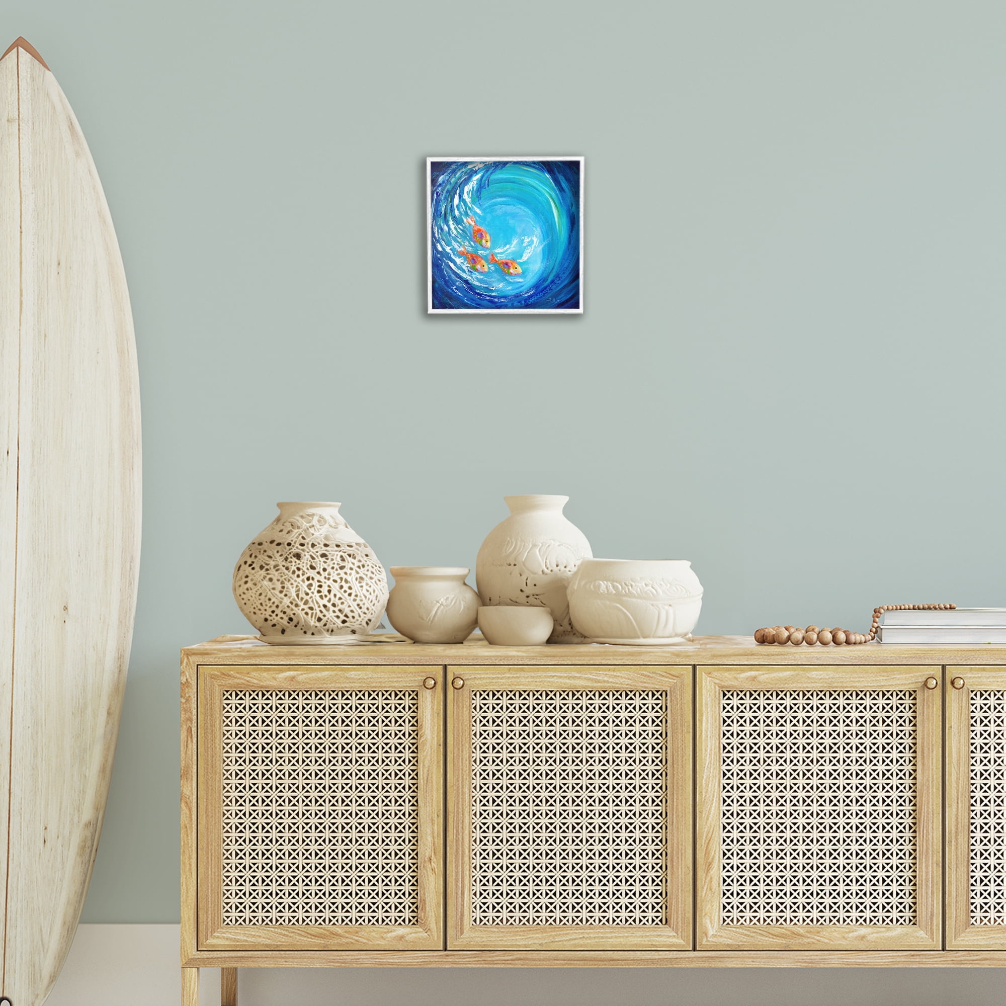Stupell Industries Into The Blue Fish Landscape Painting White Framed Art Print Wall Art, 12 x 12