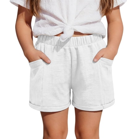 CUZIBR Linen Shorts For Girls Toddler Kids Casual Loose Fit Summer Breathable Lightweight Elastic Waist Solid Color Wide Leg Roll Hem Playwear Side Pockets Twill Bottoms Shorts White 12-13 Years