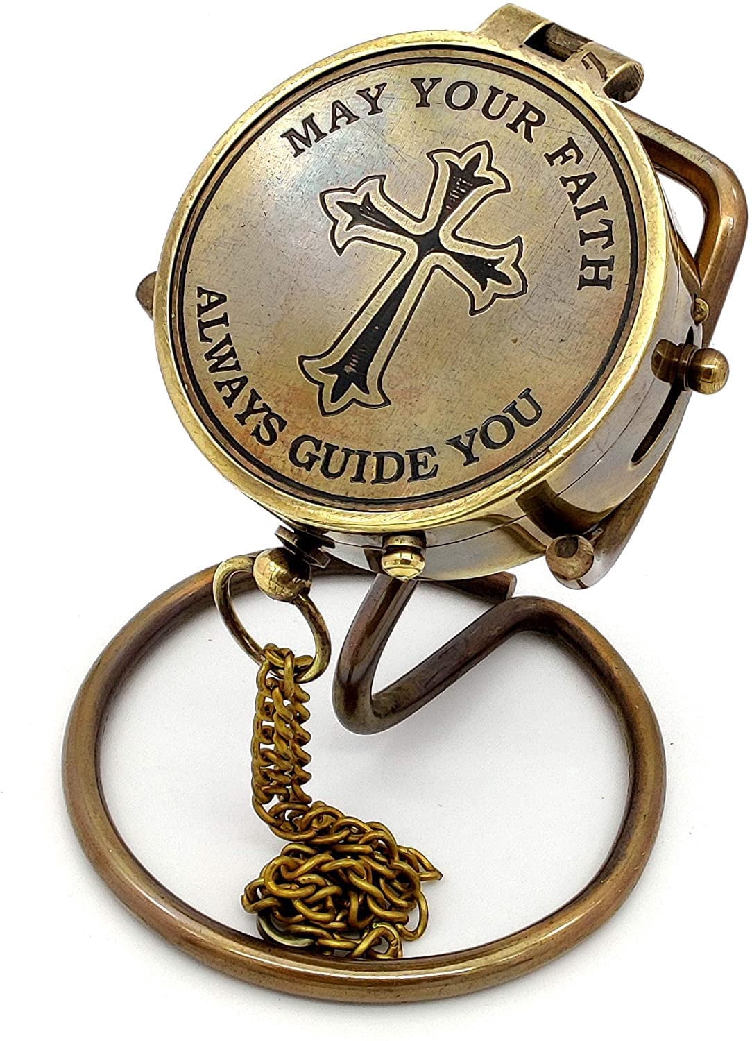Brass Compass with Cross and May Your Faith Always Guide You Engraved on it. Heavenly Great Gift of Faith.The for Baptism, Missionary, Birthday with Display Stand.