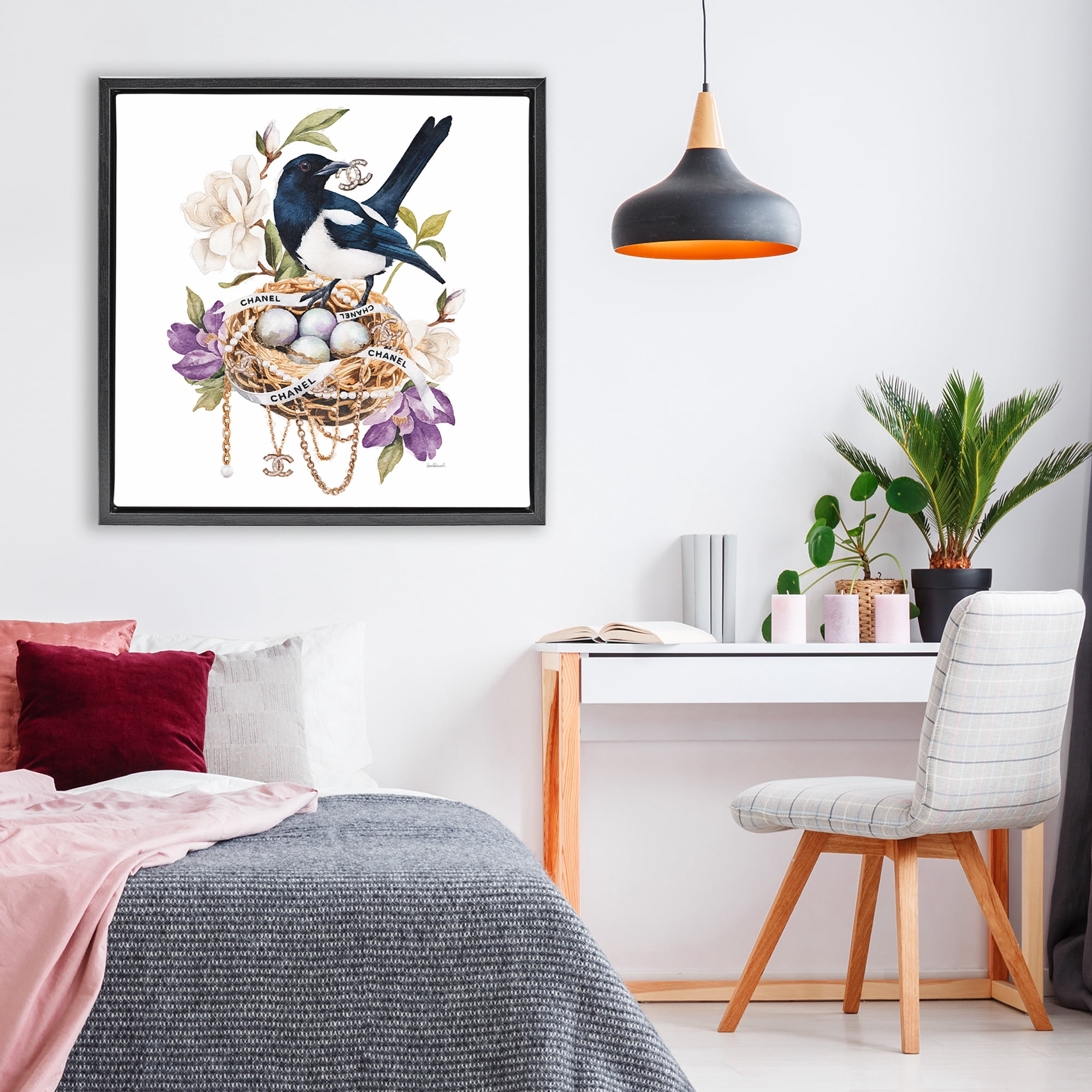 Stupell Industries Glam Birds Nest Magnolia Black Framed Floater Canvas Wall Art, design by Amanda Greenwood