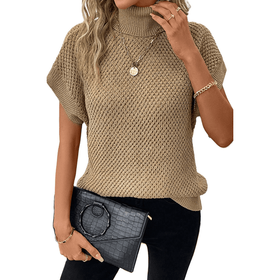 Women's Pale Khaki Turtleneck Textured Short Sleeve Sweater - [ZhiHiMeRi] | (US 12-14)L
