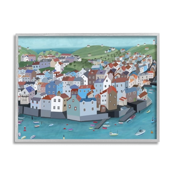 Stupell Industries Port Town Neighborhood Ocean View City Illustration Graphic Art Gray Framed Art Print Wall Art, 30x24, by Carla Daly