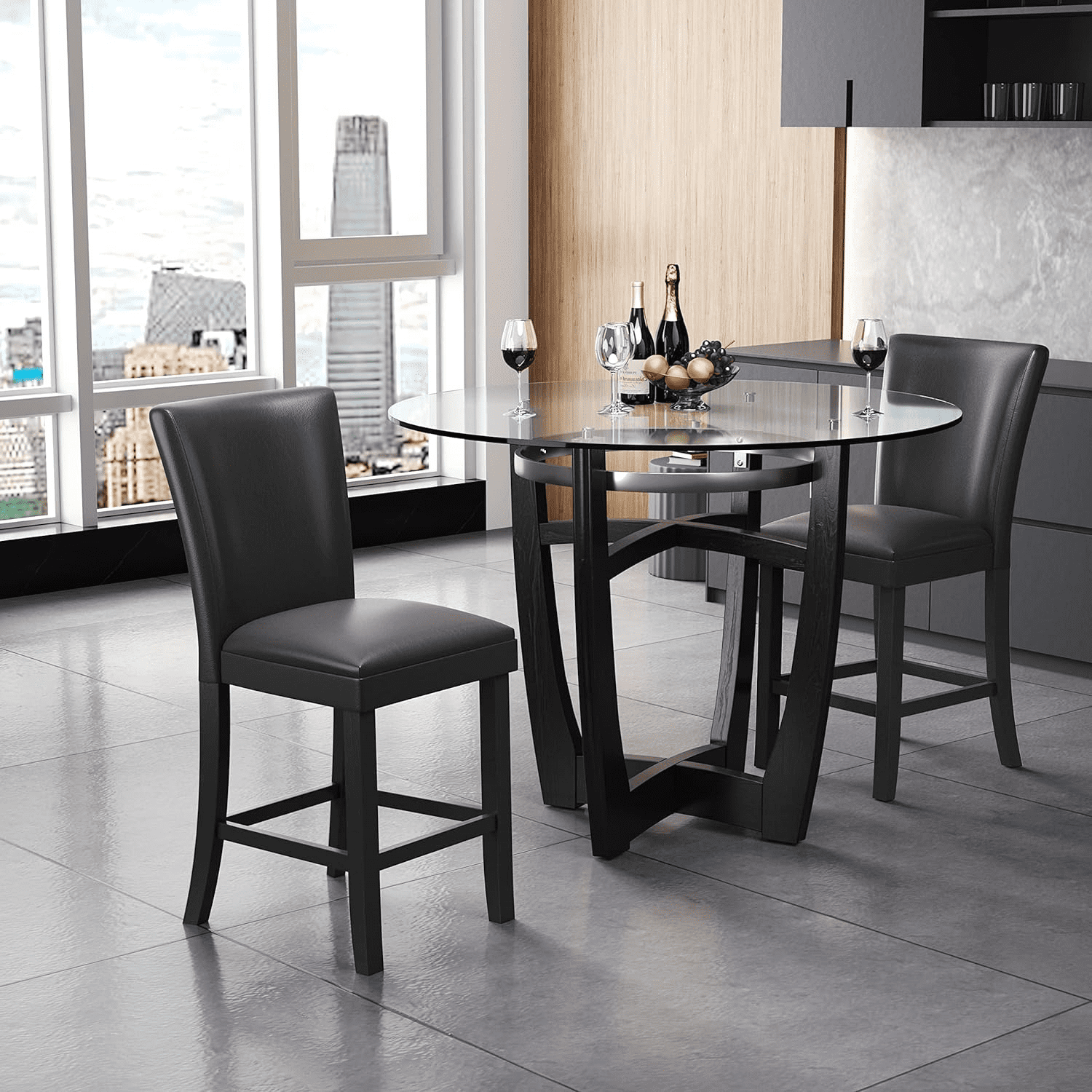 BAXMUY Set of 4 Counter Height Bar Stools, 25.6" Seat, Black, Solid Wood & Faux Leather Bar Chairs for Kitchen Island & Home Bar