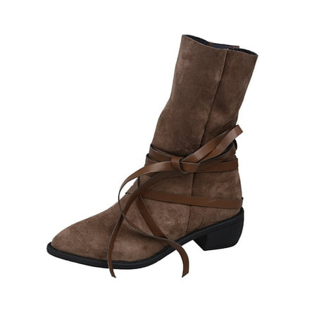 

EUHDSSDE Ladies Solid Color Flock Strap Pointed Toe Chunky Heel Short Boots