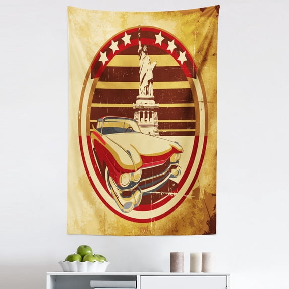 Vintage Car Tapestry, Vintage Car Image American of Liberty on Old Paper Print, Fabric Wall Hanging Decor for Bedroom Living Room Dorm, 5 Sizes, Yellow Red Brown, by Ambesonne