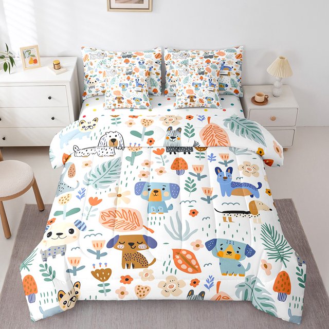 Erosebridal Ensembles de Literie Chien Mignon Format Simple, Ensembles de Literie Kawaii à Fleurs Format Simple, Déco de Chambre Animal de Compagnie, Réversible, Respirant, 7 Pcs