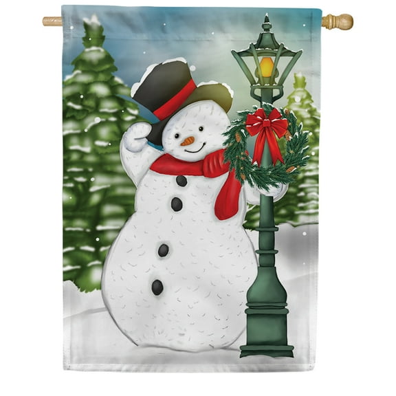 America Forever Snowman Lamp Post Wreath House Flag, 28 x 40 inch Double Sided, Snowman Banner, Christmas Wreath Outdoor Decor, Winter Top Hat Yard Decorations, Holiday Elegant Design