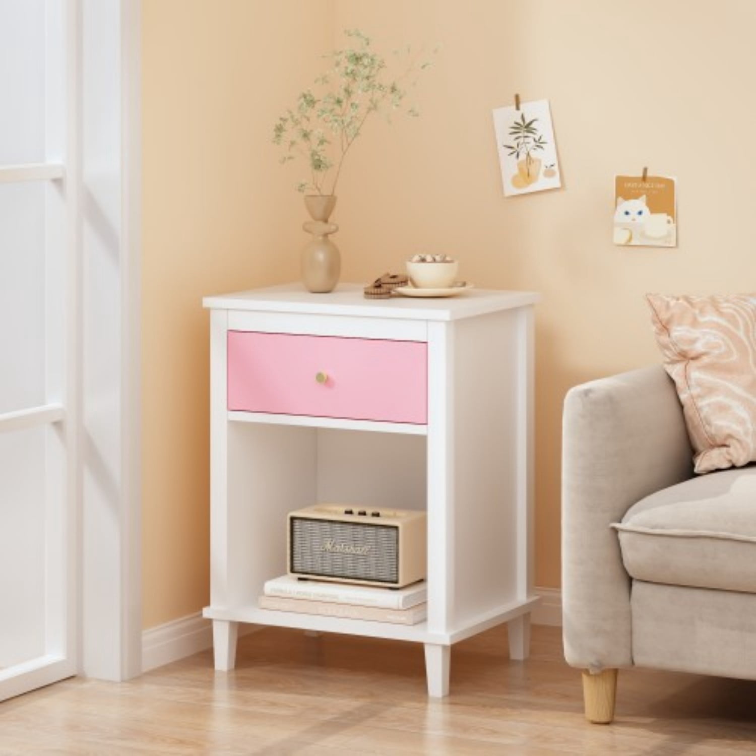 26.77" Wooden Nightstand with Drawer and Open Shelf, Modern Bedside Table for Kids & Adults, MDF End Table with Silver Handle, Pink