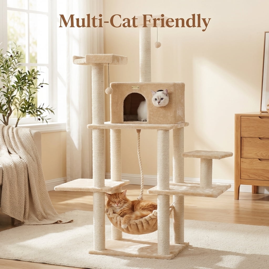 Cat Tree Tower with Plush Condo, Hammock, Sisal Scratching Posts, Multiple Perches, Beige, 72" Tall