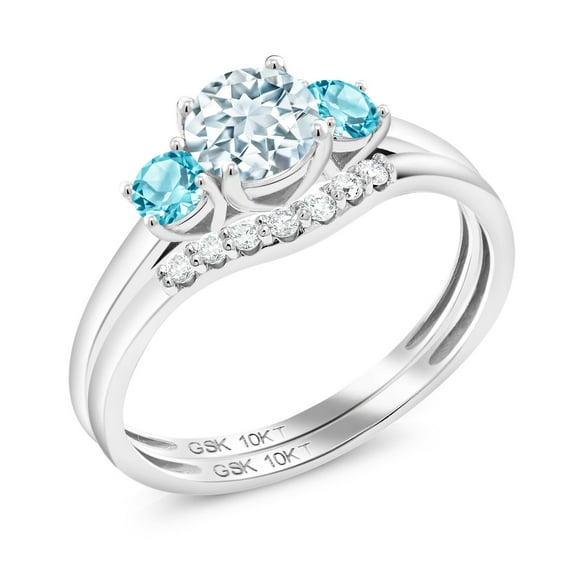 10K White Gold Sky Blue Aquamarine and Swiss Blue Topaz and White Lab Grown Diamond 3-Stone Bridal Engagement Wedding Ring Set for Women (0.77 Cttw, Gemstone March Birthstone, Round 5MM, Size 7)