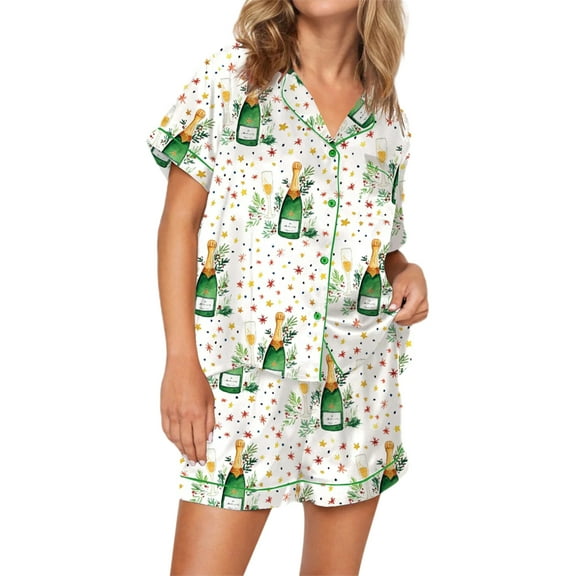 Rdhnmea Women Pajama Set, Cocktail Butterfly Print Short Sleeve Shirt Shorts