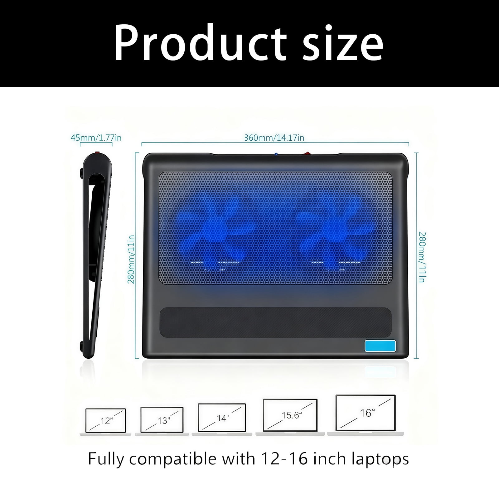 Ergonomic Cooling Stand for 12-16inch Notebooks: Fan, AntiSlip Base, Height Adjustable, USB Ports