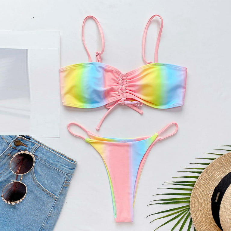 vbnergoie Womens Multi Color Tie-Dye Print Set Two Piece Swimdress And  Panty Swimsuits Bathing Shorts Halter Bikini Tops for Women Underwire 