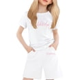 thumbnail image 2 of ibiyuan Girls Summer Outfits 2 Piece Sets Girls Summer Outfit Set with Bow Print Candy Colored Short Sleeve Tee and Comfortable Bottoms,12-13 Years,WH2, 2 of 4