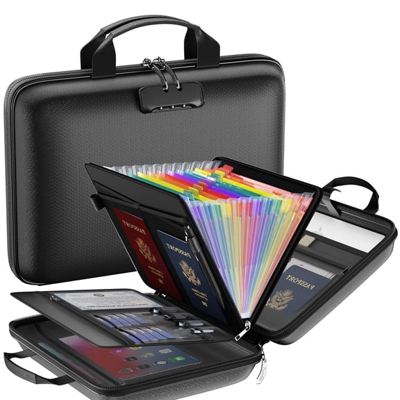Fireproof Hard Shell Document Bag with Lock, Portable Document Organizer with 13 Pocket Accordion File Organizer with Laptop Compartment for Home Office Travel