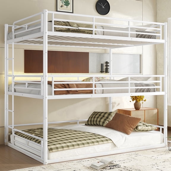 QZYeYun Queen Triple Metal Bunk Bed with Full Guardrails Heavy Duty Noise Reduced White