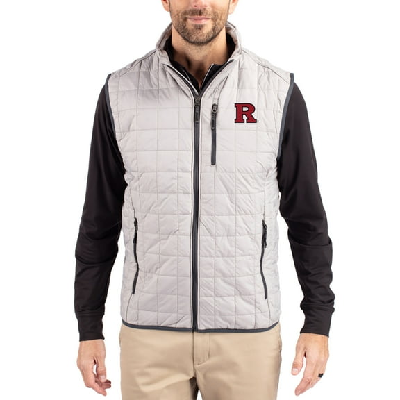 Men's-Cutter & Buck Gray Rutgers Scarlet Knights Rainier Eco Insulated PrimaLoft Full-Zip Puffer Vest