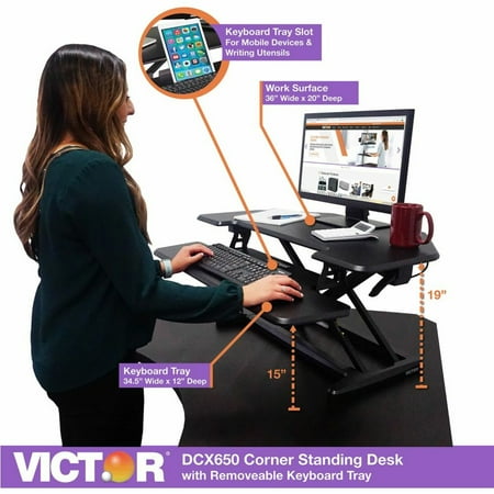 Victor - High Rise Height Adjustable Corner Standing Desk with Removable Keyboard Tray - Black
