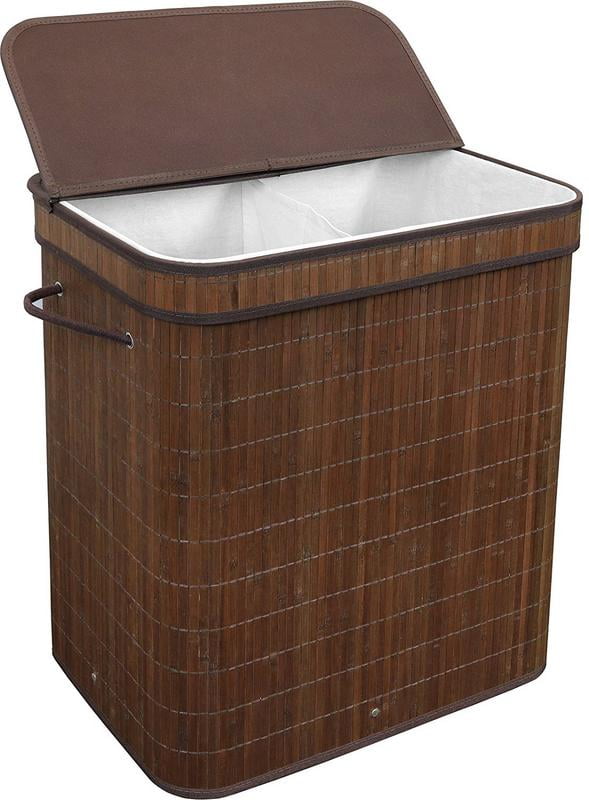 Bamboo Laundry Double Divided Hamper Dirty Clothes Storage Basket With Lid 