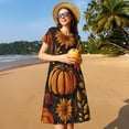 thumbnail image 4 of Fotbe Autumn Pumpkin Leaves Vestido Largo de Moda para Mujer, Vestido Tipo Camiseta con Manga Corta y Estilo Casual a Rayas y Bloques de Color, 4 of 6