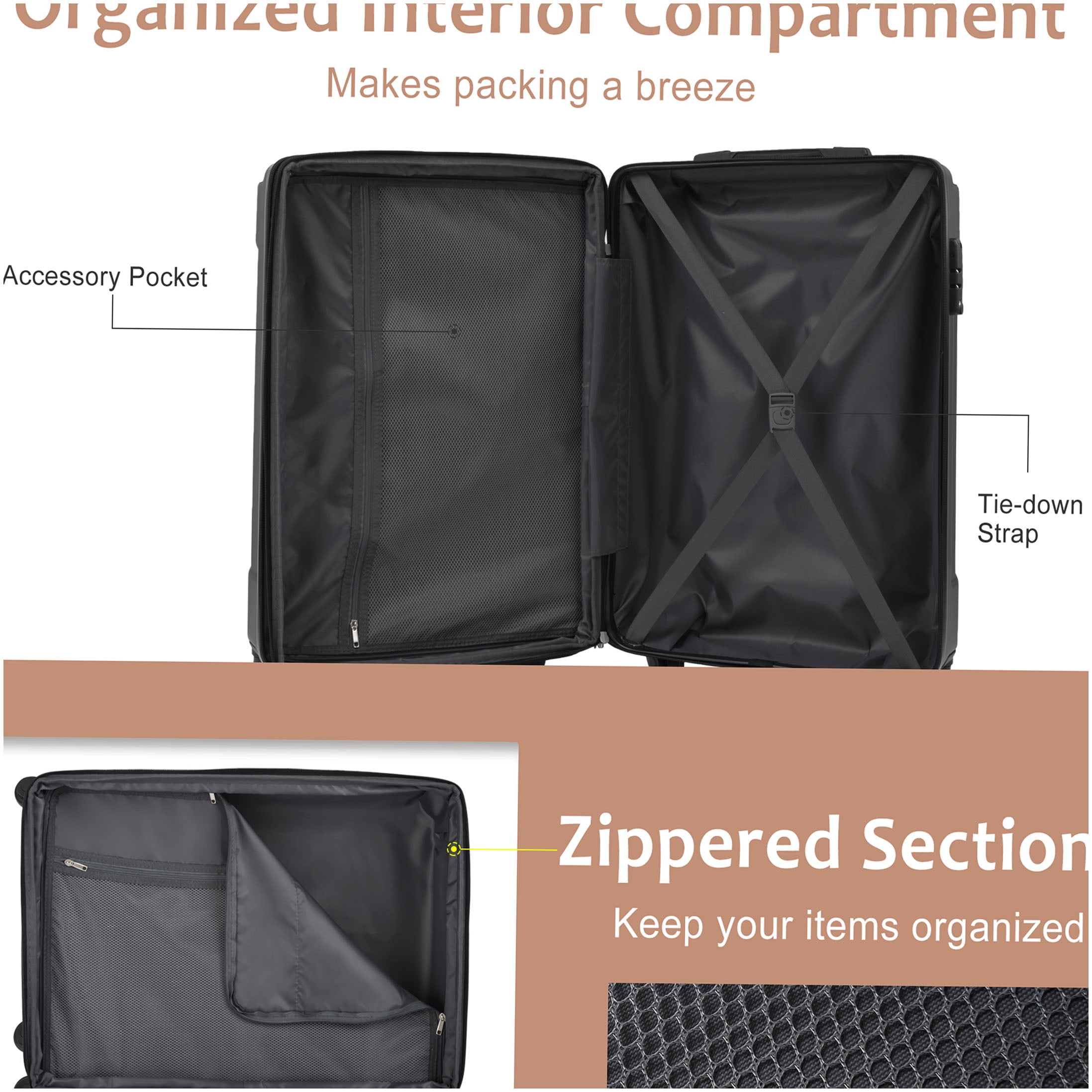 Durable 3-Piece Spinner Luggage Set, ABS Lightweight Hard Shell Suitcases in Black Brown