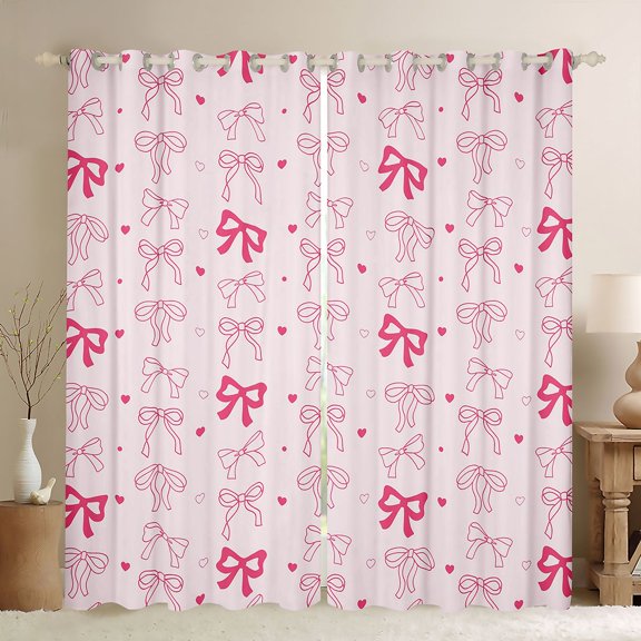 Feelyou Kawaii Pink Ribbon Black Out Curtains for Kids, Fashion Bow-tie Bow Curtains Pack of 2 (42x63 Each), Cartoon Love Heart Bedroom Curtains, Blackout Curtains Bedroom Decor