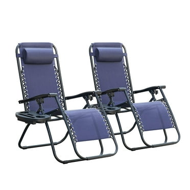 Zero Gravity Chair Patio Folding Lawn Outdoor Lounge Gravity Camp Reclining Lounge Chair with Cup Holder Pillows for Poolside Backyard and Beach Set of 2 (Blue)