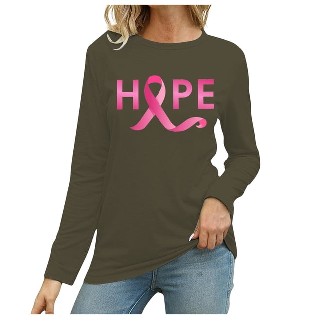 MKLEKYY Hauts Ajustés pour Femmes T-Shirt à Manches Longues Imprimé Mois de la Prévention du Cancer Col Rond Décontracté pour Femmes