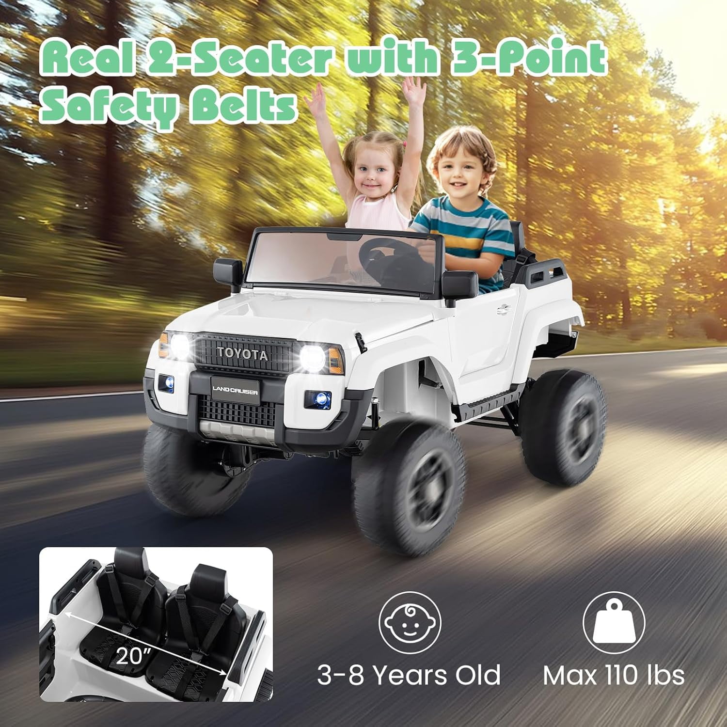 Licensed Toyota LC250 24V 2 Seater Ride on Truck by OLAKIDS, 2WD/4WD Battery Powered Vehicle with Remote Control, 3 Speeds, Music, Lights, Kids Electric Car for 3+ Boys Girls