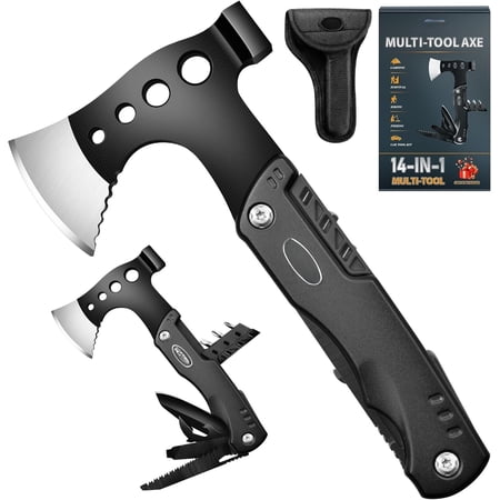 Multi Tool Camping Hatchet 11-in-1 Multitool Camping Gear Tool with Hammer Bottle Can Opener Screwdrivers Nylon Sheath Gifts for Men Camping Hiking