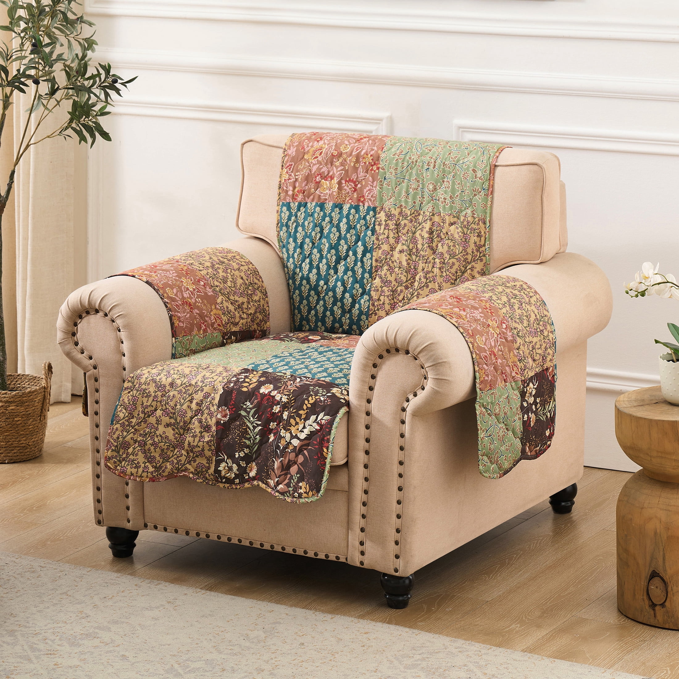 Greenland Home Fashions Hazel Floral Patchwork Print Reversible Slipcover/Furniture Protector, Armchair