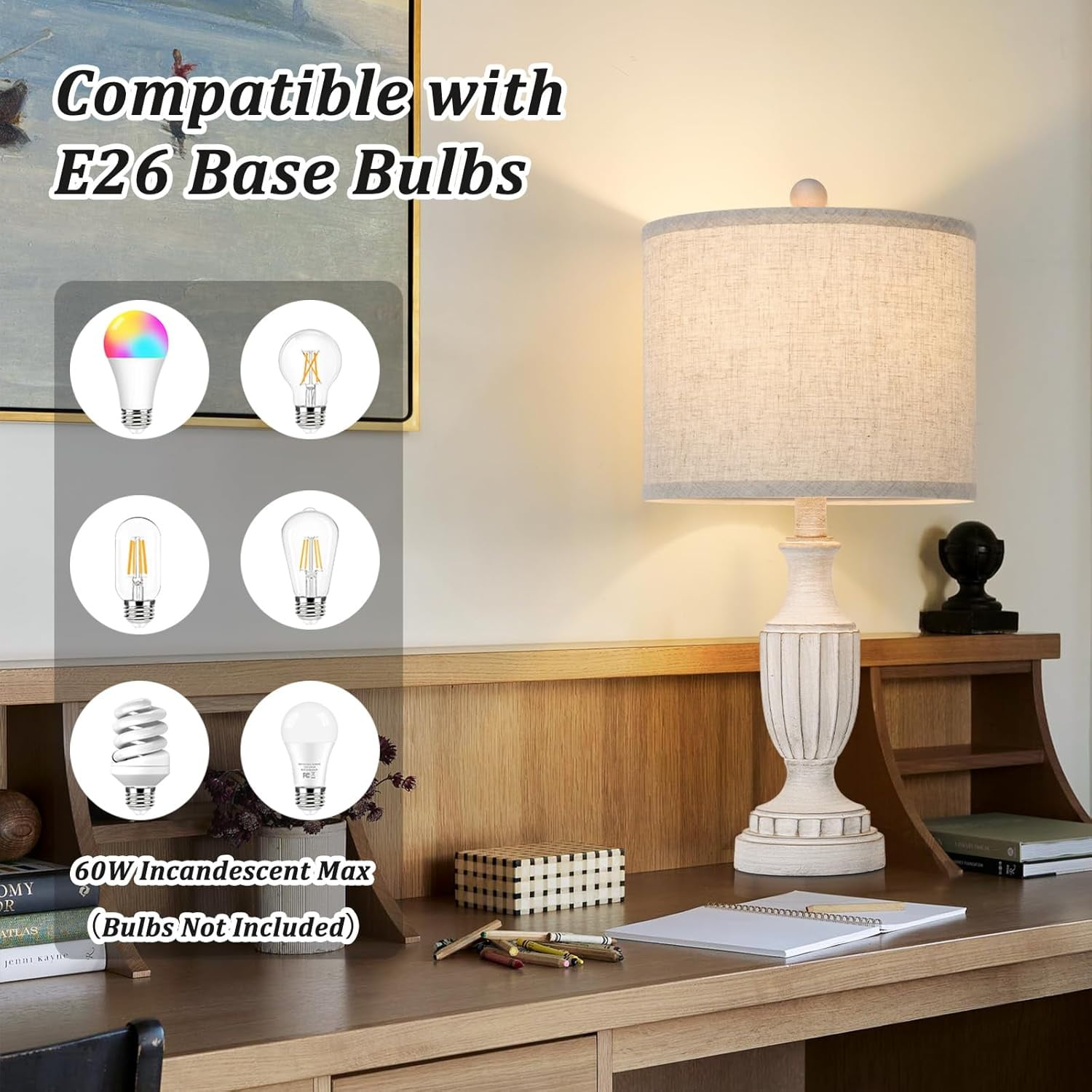 Nordic Hygge Set of 2 White Rustic Vintage Table Lamps for Living Room Bedroom