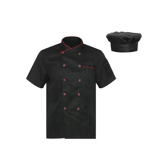 Kaerm Short/Long Sleeve Chef Coat for Men Women Double-Breasted Chef Jacket Cook Shirt Workwear Black Short Sleeve L