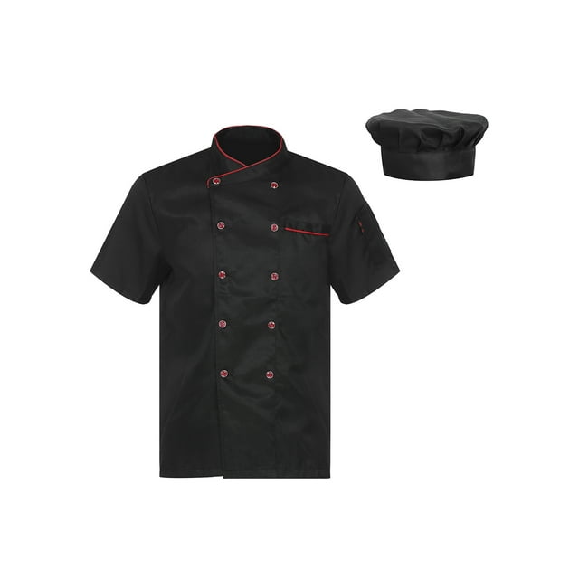 dPois Men Personalized Chef Coat With Hat Unisex Chef Jacket Kitchen Work Uniform Hotel Restaurant Workwear Black01 3XL