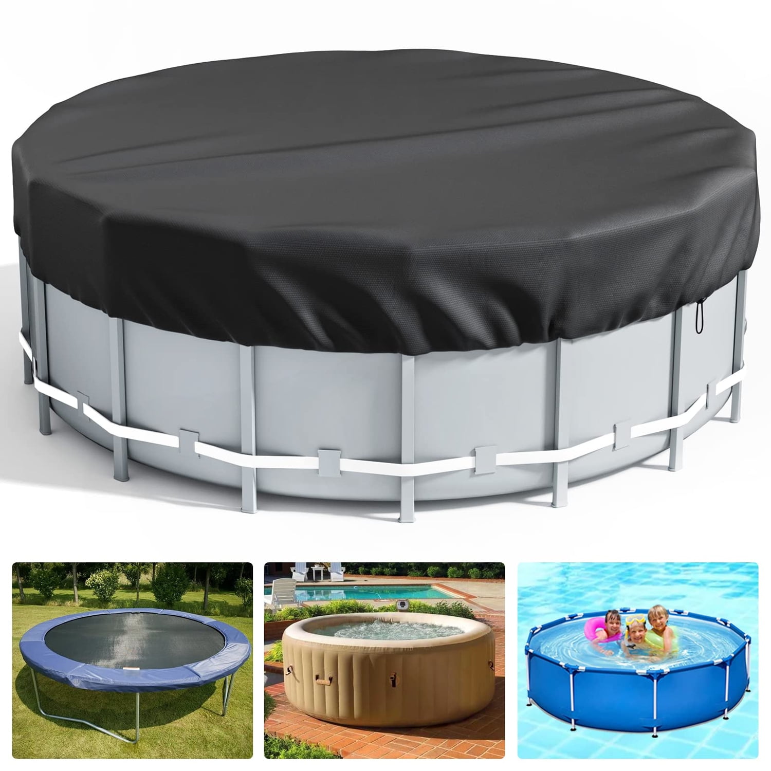 WIKCOVER 12Ft Round Pool Cover, Covers for Above Ground Pools, Inflatable Pool Cover Protector with Pool Accessories, Above Ground Pool Cover, Waterproof and Dustproof Swimming Pool Covers, Black