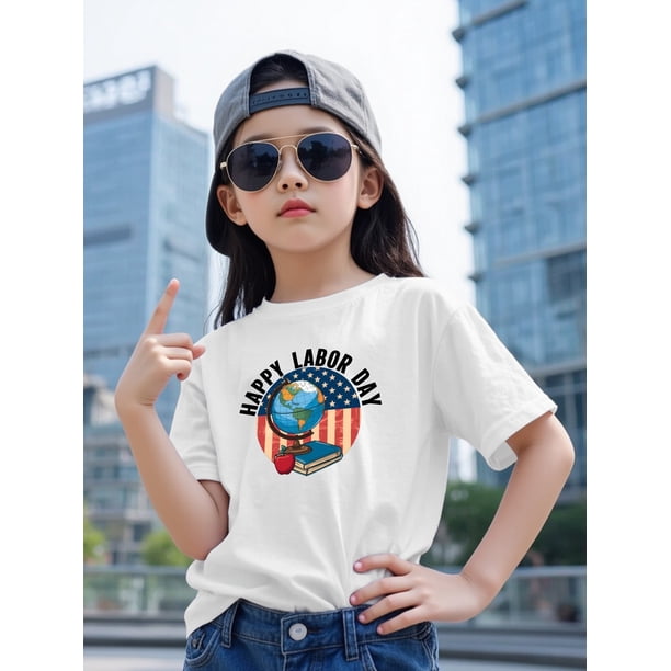 Happy Labor Cotton Short-Sleeve T-Shirt for Girls - Cute American Flag & Earth Graphic Print, Casual Summer Top with Round Neck, Breathable Stretchy Fabric, Versatile Casual Attire