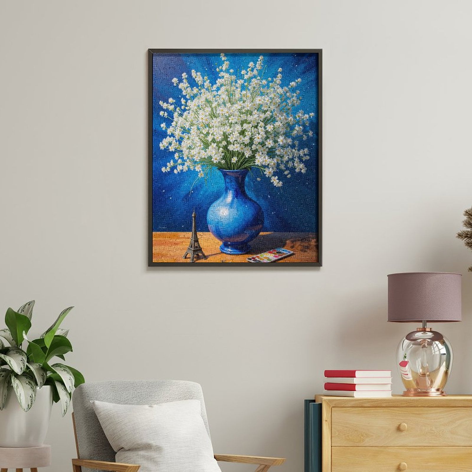 Paint By Numbers Kit for Adults Beginner - Blue Vase Daisy Eiffel Tower Art DIY Canvas Painting Kits for Adults, Frameless Paint By Number for Adults for Home Wall Decor 16x20 Inch