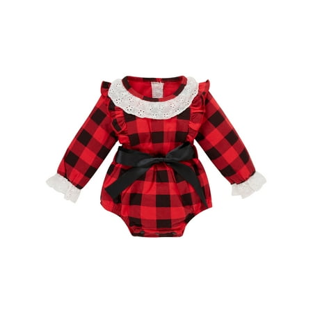 

Sunisery Christmas Infant Newborn Baby Girl Romper Red Plaid Long Sleeve Bow Jumpsuit Xmas Clothing Red 6-9 Months