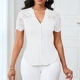 thumbnail image 4 of ClodeEU Womens Lace Trim Short Sleeve Button Down V Neck Casual Fashion Shirts White,Womens Plus L, 4 of 6