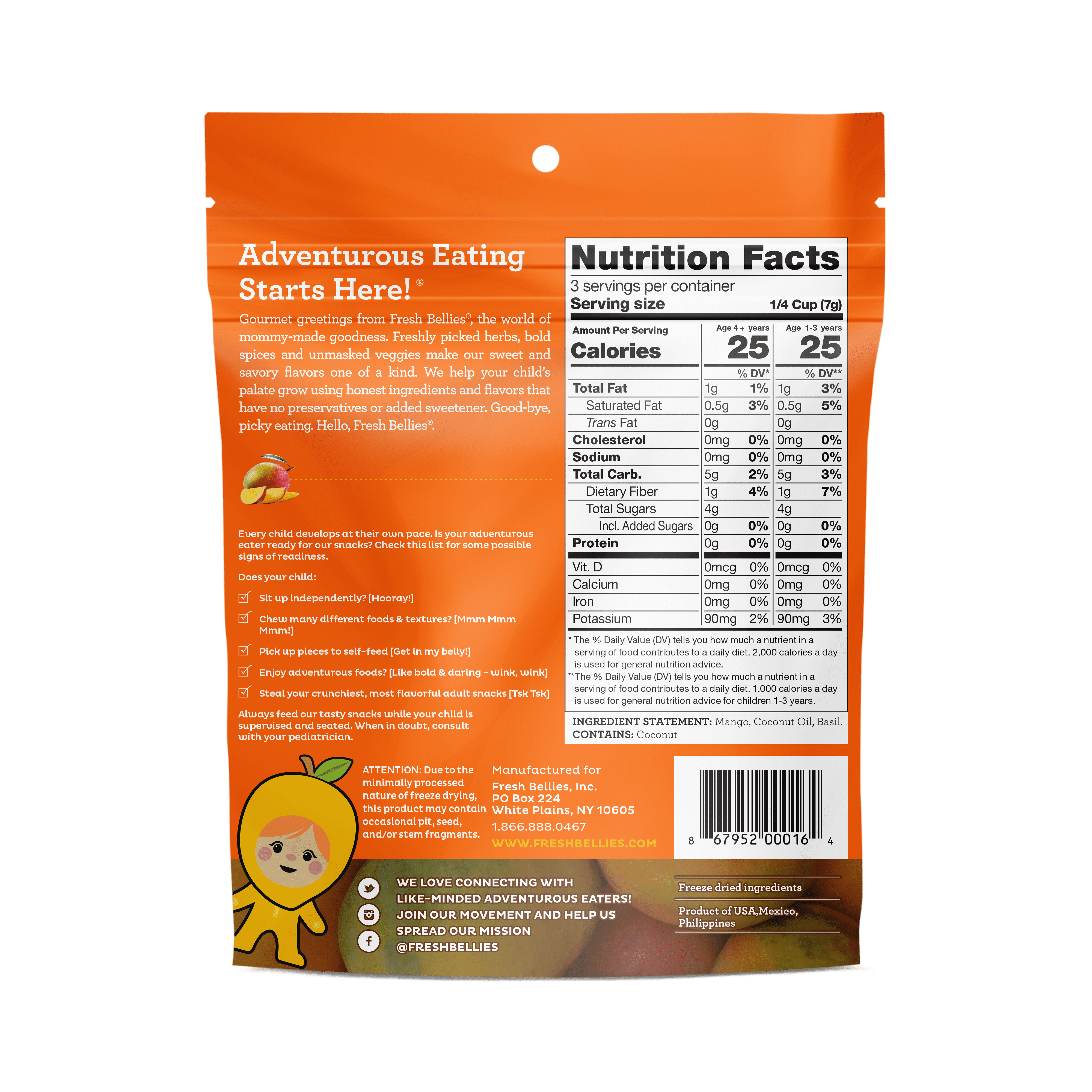 Fresh Bellies Two to Mango & Basil Freeze-Dried Toddler Snack, Resealable Pouch, 0.75 oz, 3 Ingredients, Vegan, Gluten-Free