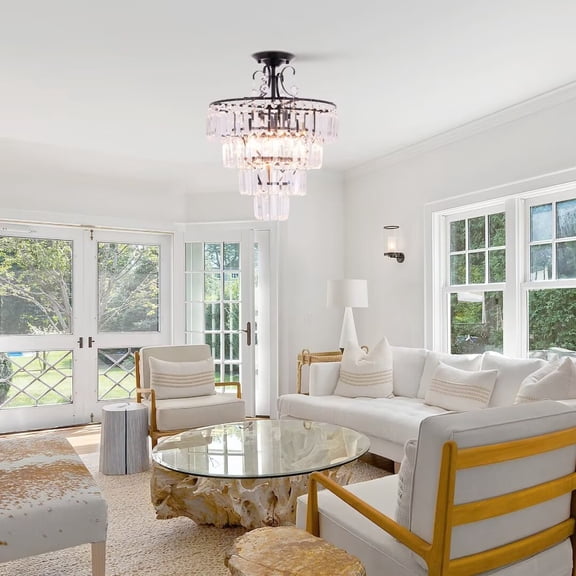 KPIBEST 4 Lights Modern 4 Layers Crystal Chandelier, 16 Inch Black Corridor Round Chandelier, Suitable for Living Room, Foyer, Entryway, Bedroom