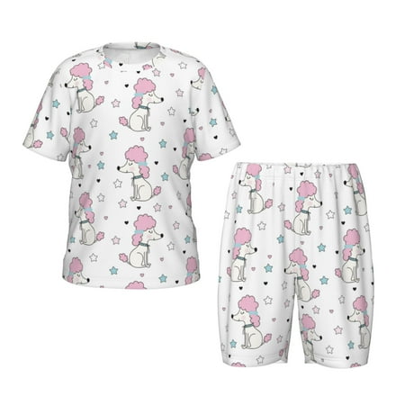 Sikiie Cute Poodle Dog Print Children s Short-sleeved Pajamas Set  Round Neck Top with Elastic Waist and Shorts  Two-piece Set  Suitable for Pajamas and Home Clothes-Small
