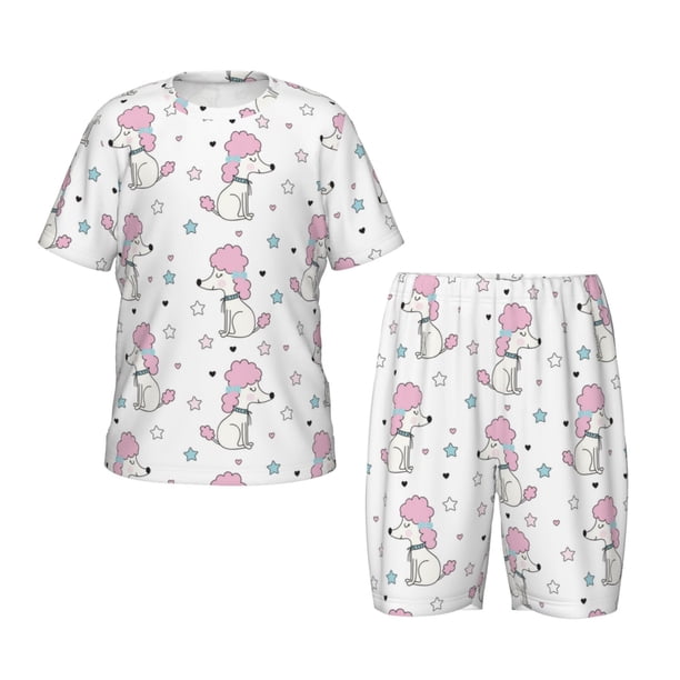 Balery Cute Poodle Dog Conjunto de Pijama Infantil de Manga Corta con Estampado – Ropa de Dormir de Algodón Suave-Large