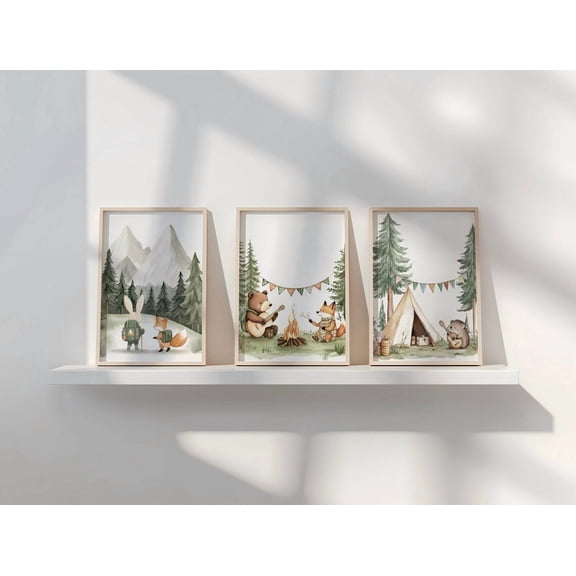 UNFFRAMED Set Camping Nursery Poster, Woodland Hiking Nursery Decor, Woodland Nursery Wall Art, Forest Mountains Nursery, Bear Poster Set 3 Prints 8x12
