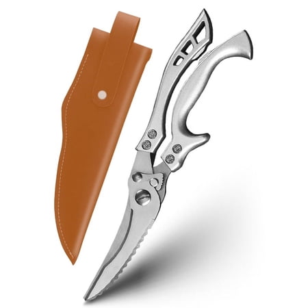 Kitchen Scissors Heavy Duty,Stainless Steel Utility Poultry Shears with Brown Leather Sheath,Meat Scissors,Multipurpose Chicken Meat Food Scissors,Cooking Scissors