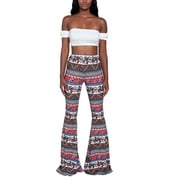 Women Juniors Boho Vintage Stretchy Bell Bottom High Waist Flare Pants Hippie Baggy Wide Leg Palazzo Trousers
