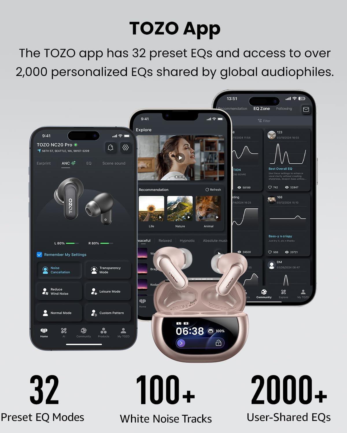 TOZO NC20 Pro Smart Touch Noise Cancelling Earbuds,Bluetooth Headphones with AI Assistant,6 Mics Clear Calls,80H,LDAC Hi-Res Audio,In-Ear Detection,Dual Pairing,App-32EQ,Waterproof Wireless Charging