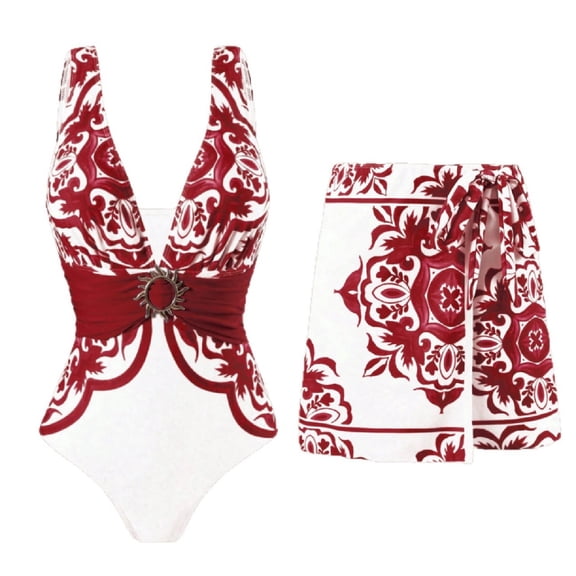 Jamicy Women's One Piece Swimsuit with Cover Up Short Skirt Floral Print Plunge V Neck Bathing Suit for Women