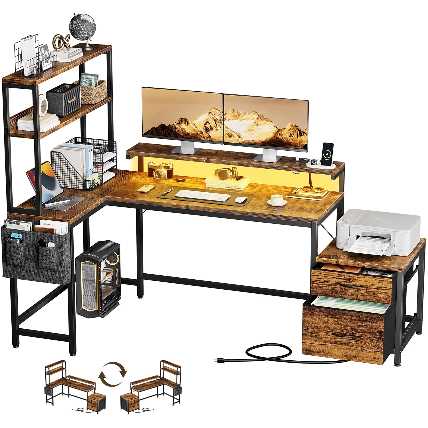 FYRENA 71" L Shaped Desk with 2 Drawers & shelves,Corner Desk with LED Lights & Power Outlets,Gaming Desk,Home Office Desk,Rustic Brown