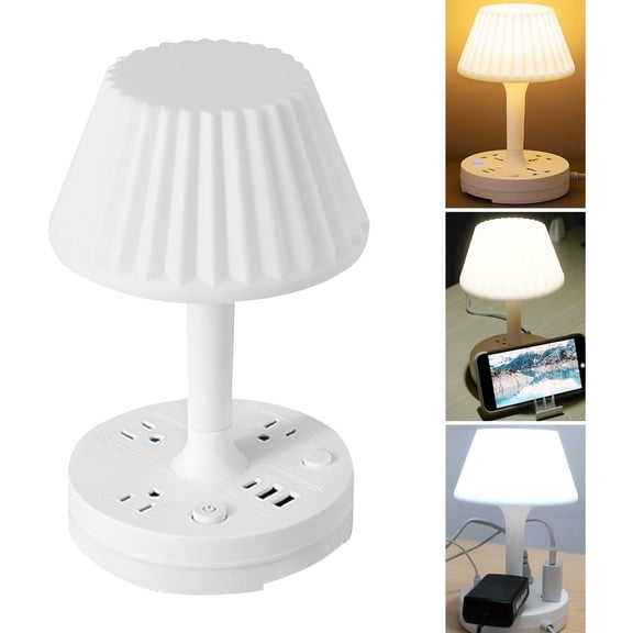 Socket Table Lamp Power Strip, AC Outlets   USB Charging Ports, All-in-one Design Multiple Functions Dimmable Small Reading Desk Lamp , Eye Care LED Nightstand Light for Home Office Dorm Bedside